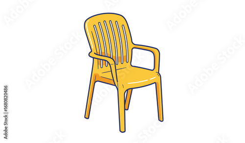 A bright yellow plastic outdoor chair with a tall slatted back and armrests isolated on white background