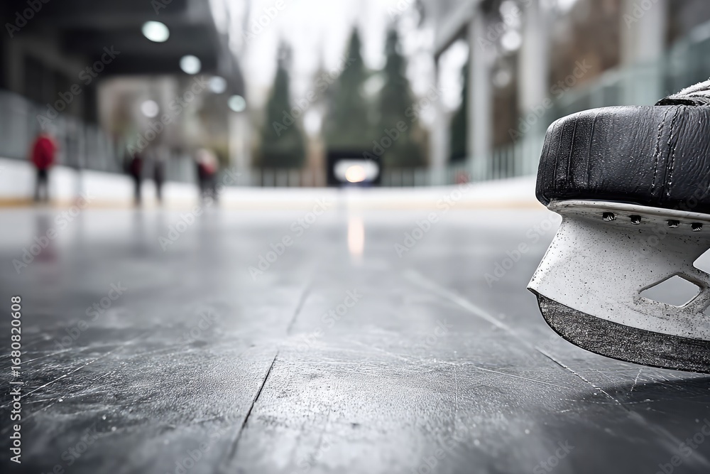Obraz premium Close-up hockey skate on ice rink, blurred background