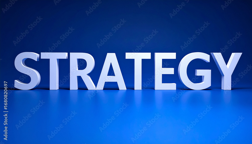 Fototapeta premium Large white STRATEGY typography on blue gradient backdrop. Business planning and decision-making