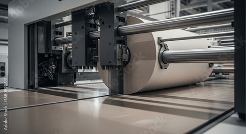 Industrial Paper Roll Being Processed on Printing Machine in Modern Factory