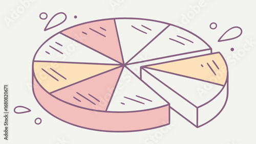 A stylized pie chart with a single slice removed rendered in a simple modern flat design with pastel colors and playful decorative elements