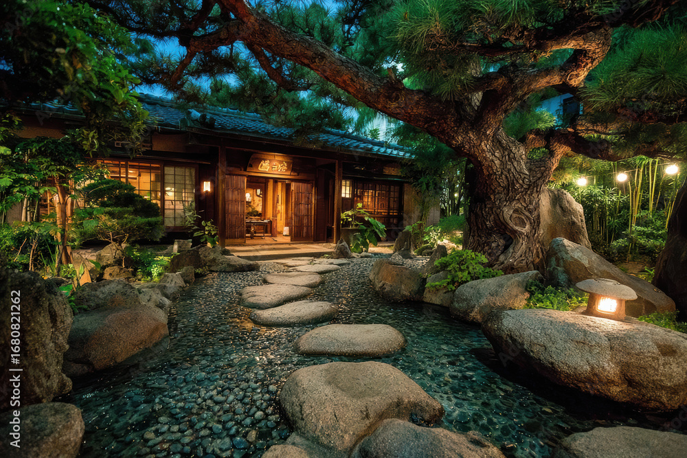 Obraz premium Close view stepping stones to timber doorway glowing lanterns