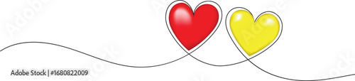 Two colorful hearts in red and yellow connected with a flowing line. Romantic symbol of unity, affection, and celebration. Perfect minimalist artwork for Valentine’s Day or weddings.