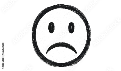 Hand drawn sketch of a sad face emoji with a downturned mouth and oval eyes isolated on white background