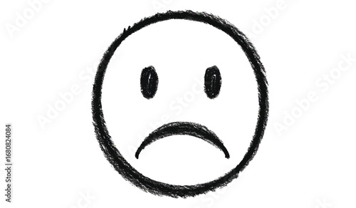 Hand drawn sketch of a sad face emoji with a downturned mouth and oval eyes isolated on white background