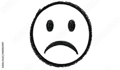 Hand drawn sketch of a sad face emoji with a downturned mouth and oval eyes isolated on white background