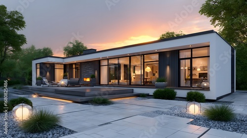 Modern house exterior dusk view