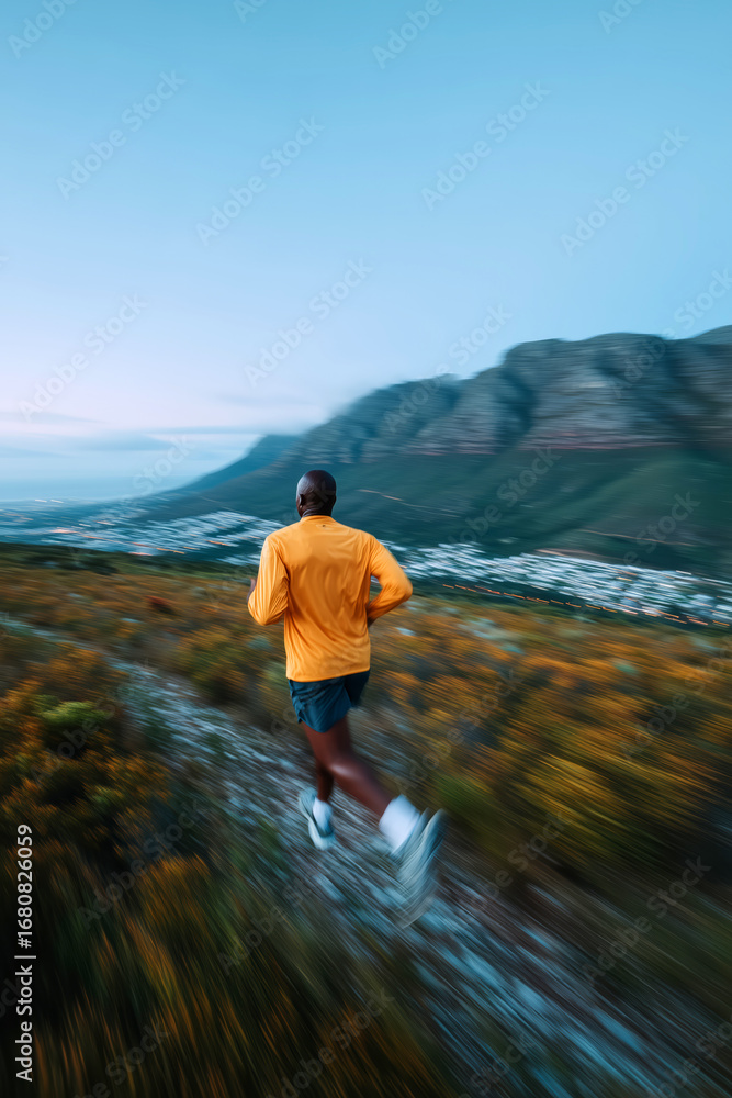 Obraz premium Runner in orange jacket jogging through scenic mountain valley outdoor fitness lifestyle