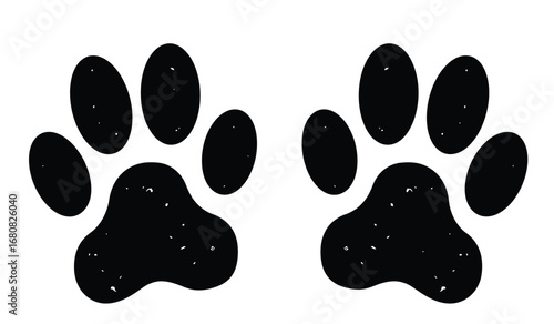 Two black paw prints with distinct toe pads and a larger heel pad isolated on white background