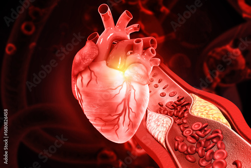 Human heart with Blocked blood vessel, cholesterol blocking artery. 3d illustration