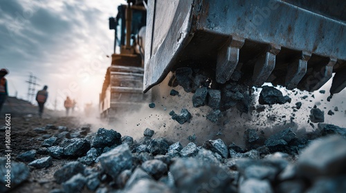 Excavator bucket breaking rocks at construction site.