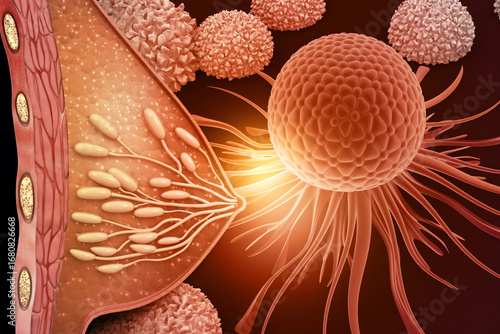 Female breast cancer, Breast anatomy with cancer cells. 3d illustration