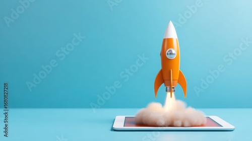 A rocket launching from a tablet symbolizing the intersection of technology and innovation in mobile startup ventures