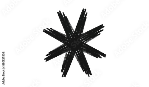 Abstract black brush stroke starburst shape with radiating lines on a clean white background symbolizing energy creativity or a celestial event