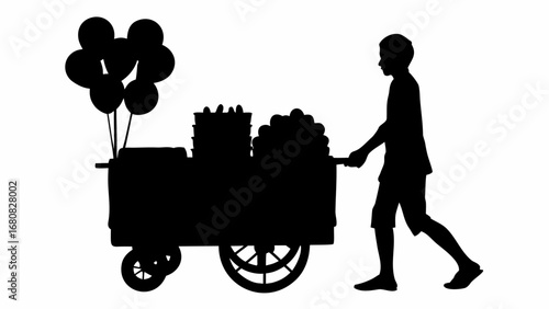 Silhouette of a person pushing a cart with balloons and goods in a black and white illustration style