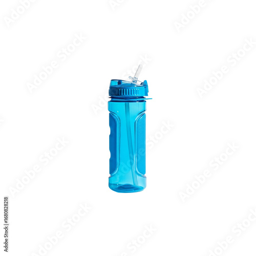 A blue plastic water bottle with a straw - Transparent Background