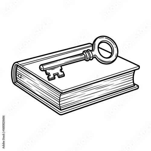 Vintage style book and key illustration, suitable for knowledge, mystery, research, library or creative publishing work, posters, branding and digital marketing visuals.