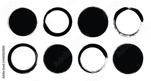 Vector black grunge circles shapes on a white background. Paint brush stroke, stamp collection. Vector brush circle. Grunge round shape.	