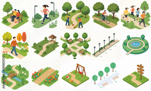 Isometric Detailed Urban Park Landscape Scene Set Environment Design