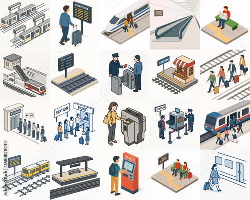 Isometric Pixel Art Transportation Station Train Railway Commuter Illustration