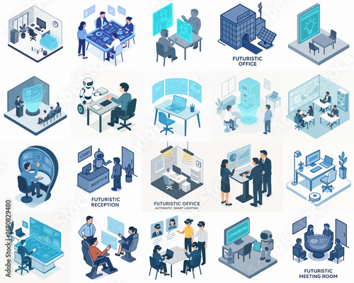 Isometric Detailed Metaverse Workspace Elements Digital Data Visualization Illustration