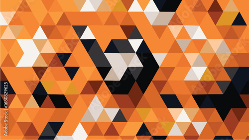 Geometric abstract pattern with orange white and black triangles and shapes creating a modern mosaic design with a digital art feel