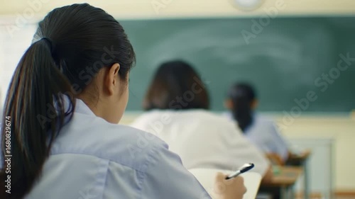 Student in classroom taking exam focused on studying and learning education concept.