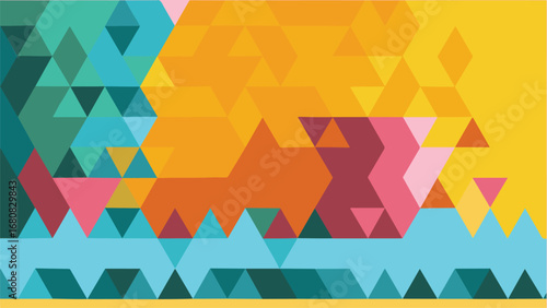 Vibrant abstract geometric background with a mosaic of colorful triangles and polygons in warm and cool tones creating a dynamic and modern visual pattern