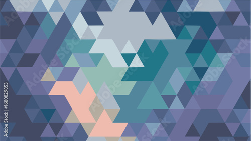 Abstract geometric pattern with triangles in shades of blue green and peach creating a modern mosaic background for design and digital art
