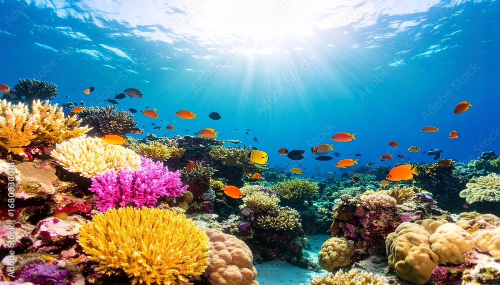 Naklejka premium Tropical Coral Reef Ecosystem with Marine Fish and Underwater Wildlife Capturing Ocean Biodiversity in Vibrant Sea Colors