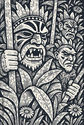 Fierce tribal warriors in masks with spears in the jungle. A monochrome vector illustration in a vintage woodcut or engraving print style.