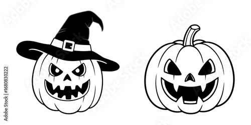 coloring page jack o lantern with a wizard hat, pumpkin halloween
