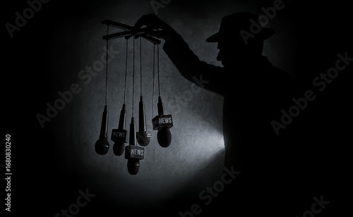 Silhouette of a mysterious figure manipulating news microphones like marionettes in a dark scene. Powerful concept of media control, censorship, and propaganda.