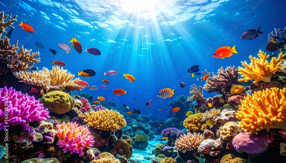 Fototapeta premium Tropical Coral Reef Ecosystem with Marine Fish and Underwater Wildlife Capturing Ocean Biodiversity in Vibrant Sea Colors
