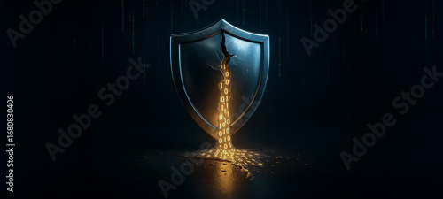 Metal shield with a central crack leaking glowing binary code, symbolizing a cybersecurity breach or digital data leak in a dark, tech-themed setting.