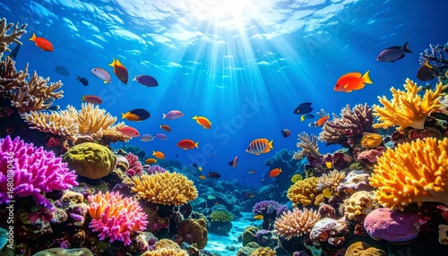 Wallpaper Mural Tropical Coral Reef Ecosystem with Marine Fish and Underwater Wildlife Capturing Ocean Biodiversity in Vibrant Sea Colors Torontodigital.ca