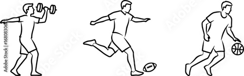 Dynamic athletes in action: Weightlifting, kicking football, and dribbling basketball, sports illustrations