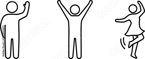 Joyful stick figures celebrating success, dancing, and expressing happiness in simple line art