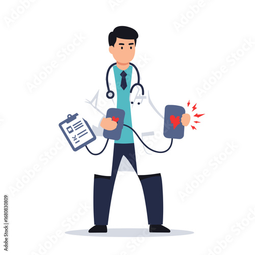 Cartoon Doctor with Defibrillator Paddles and Clipboard Wearing Stethoscope.