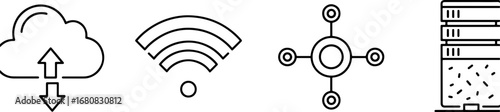 Modern technology icons representing cloud computing, wireless, network, and data server solutions