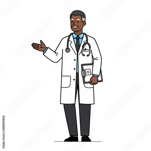 African American Doctor in White Coat with Stethoscope and Clipboard Gesturing.