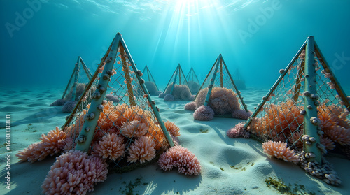 Fototapeta Naklejka Na Ścianę i Meble -  Coral reef restoration project growing corals in underwater pyramids
