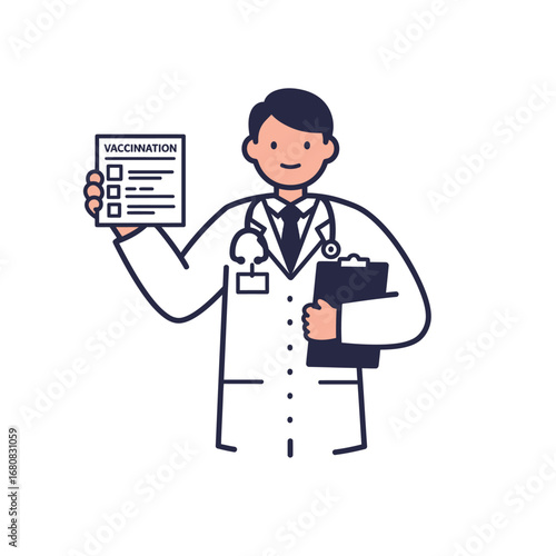 Cartoon Doctor Holding Vaccination Form and Clipboard Wearing White Coat.