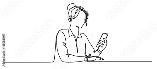 Continuous line art of a young woman with tied hair sitting while playing with her smartphone. Vector illustration