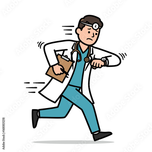 Cartoon Doctor Running Late Checking Watch Holding Clipboard Wearing Stethoscope.