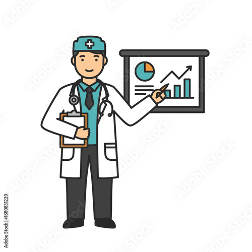 Cartoon Doctor Presenting Medical Data with Clipboard and Graph.