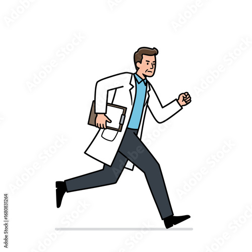 Cartoon doctor running with a medical chart wearing a white coat and blue shirt.