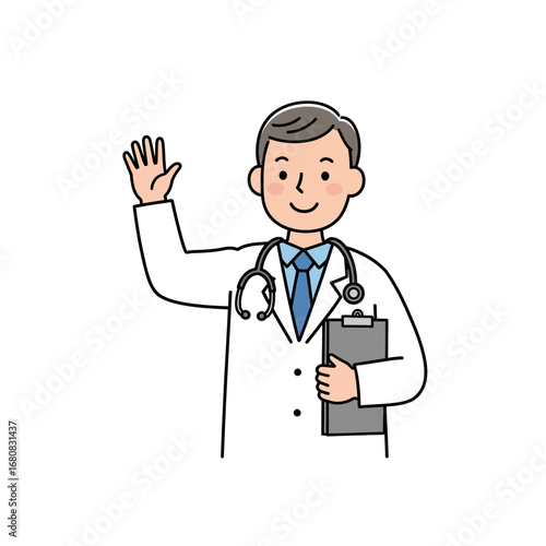 Cartoon Doctor Waving with Stethoscope and Clipboard Wearing White Coat and Tie.