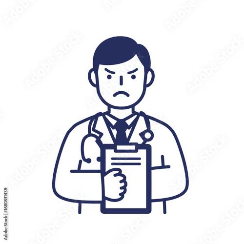 Cartoon Doctor with Angry Expression Holding Clipboard.