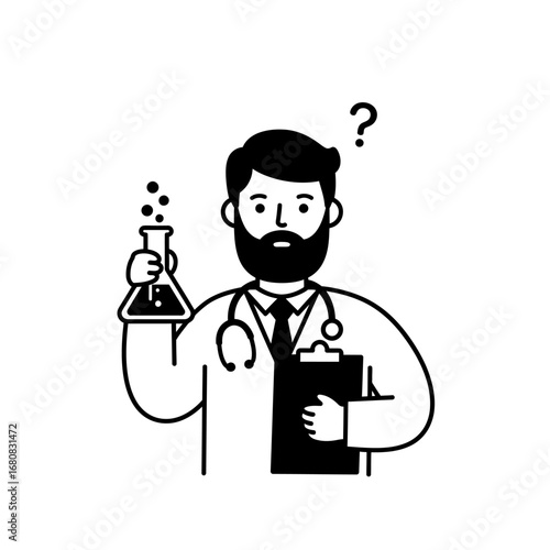 Cartoon Doctor with Beaker and Question Mark Black and White Line Art.